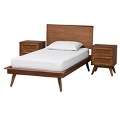 Baxton Studio Melora Mid-Century Modern Walnut Brown Finished Wood and Rattan Twin Size 3-Piece Bedroom Set